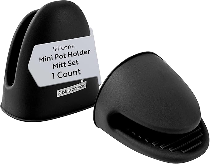 Restaurantware Comfy Grip 4.3 x 3.5 x 4.2 Inch Mini Oven Mitt Pot Holders 1 Food-Grade Finger Mitt Set - 2-Piece Set Oven-Ready Up To 446F Black Silicone Pinch Mitts Ribbed Texture Dishwashable