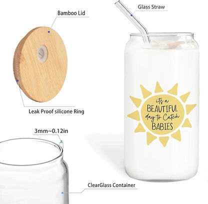 Funny Midwife Doula Gifts Glass Cup with Lids and Straws 14oz - OBGYN Doctor Nurse Labor and Delivery NurseGifts, OBGYN Glass Coffee Tumbler Drinking Jars with Cleaning Brush