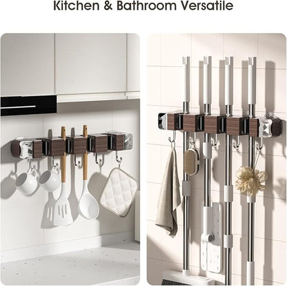 Suction Cup No Drilling Broom Holder Wall Mount, Walnut Color Mop Organizer Wall Hanging, 4 Racks 5 Hooks Tool Organizer Hanger Self Adhesive for Home, Garage, Garden, Laundry, Kitchen