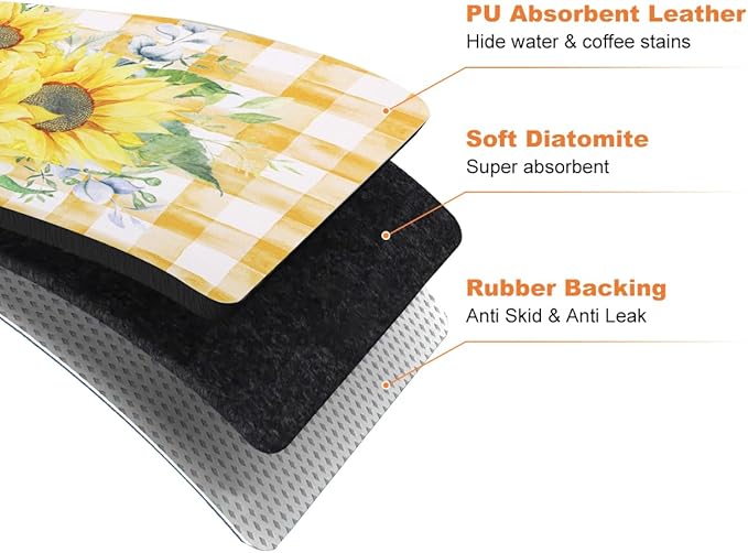 LOKHOM Dish Drying Mat for Kitchen Counter, 12"x20" Absorbent Coffee Bar Mat with Sunflowers, Vintage Floral Dish Drainer Rack Mats for Kitchen Counter Coffee Maker Pot Dining Room Decoration