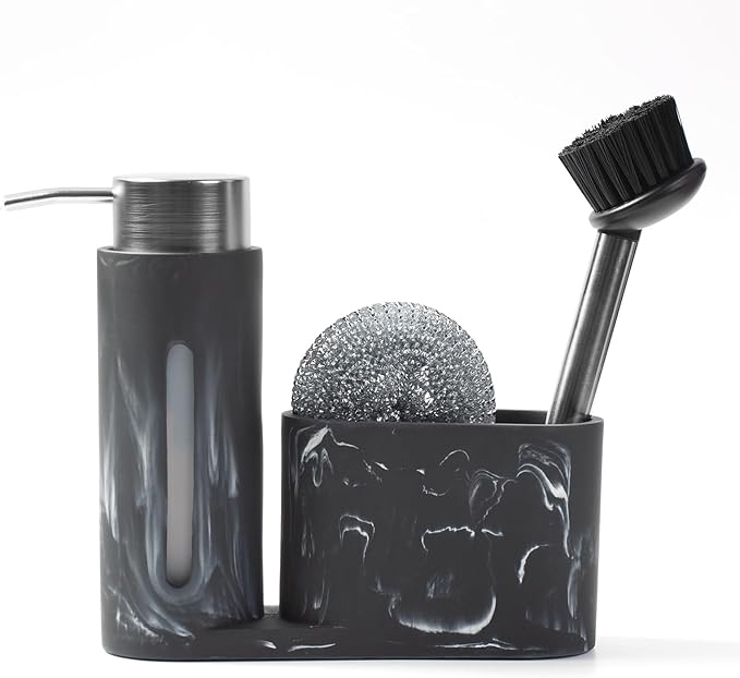 Kitchen Soap Dispenser Set 3 in 1, Dish Soap Dispenser with Sponge Holder, Dish Brush & Brush Holder, Kitchen Sink Caddy Organizer for Countertop, Rustproof（Black）