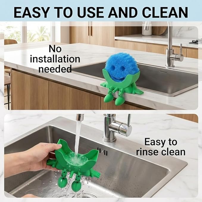 Creative Hanging Sponge Holder with Drainage/Traceless Glue, 3D Printing Countertop Funny Sponge Holders for Kitchen Sink, Keeps Your Sponge Dry & Smiling, for Scrub Daddy Holder (1, Green)