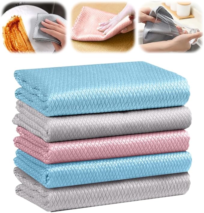 Fish Scale Streak Free Miracle Cleaning Cloth, 2025 New Reusable Microfiber Glass Cleaning Cloth for Kitchen and Auto, Lint Free Cloth Quickly Clean for Windows Glasses Windshields Mirrors (5)