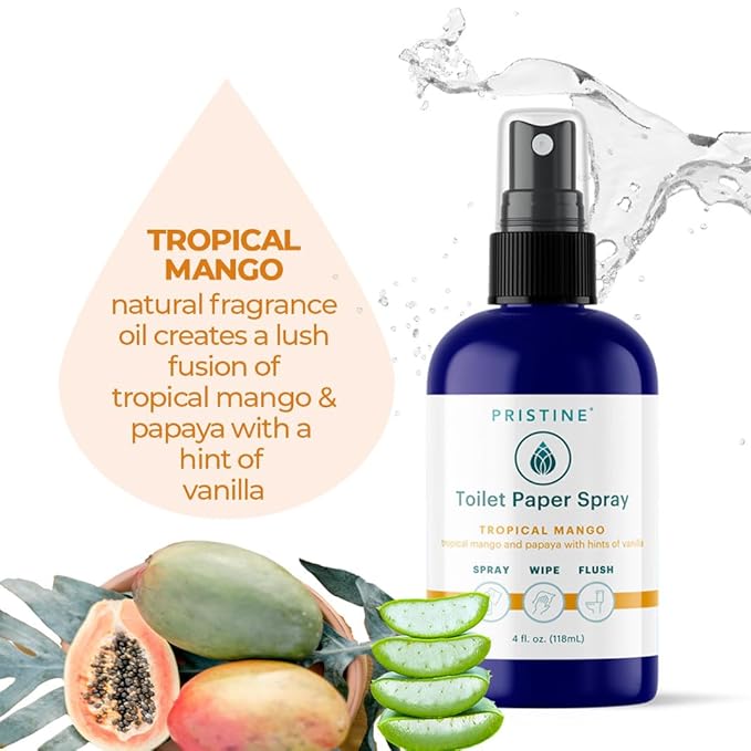 PRISTINE Toilet Paper Spray - As Seen on Shark Tank, More Natural Personal Cleansing Wipes & Flushable Wet Wipes Alternative, Spray Toilet Paper to Create Flushable Wipe, Tropical Mango, 1 fl oz