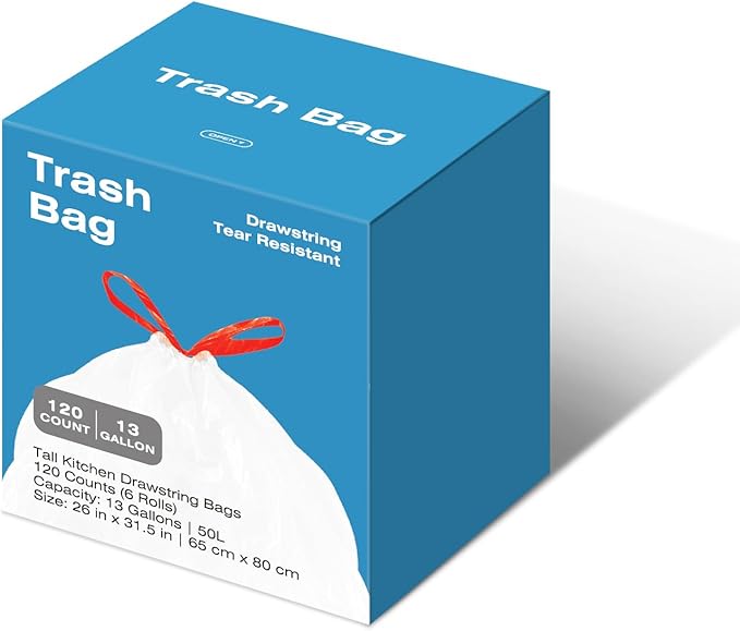 KdbK 13.2 Gallon Tall Kitchen Drawstring Trash Bags, 120 Count Pre-separated Garbage Bags, Unscented, Leak Proof, Waste Bag for Kitchen, Office, Home