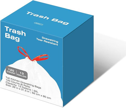 KdbK 13.2 Gallon Tall Kitchen Drawstring Trash Bags, 120 Count Pre-separated Garbage Bags, Unscented, Leak Proof, Waste Bag for Kitchen, Office, Home