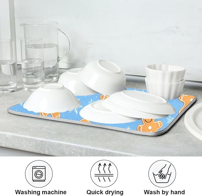 Snowflake Gingerbread Cookie Man Blue Dish Drying Mat for Kitchen Counter Absorbent Microfiber Drying Pad, Medium 16x18 in