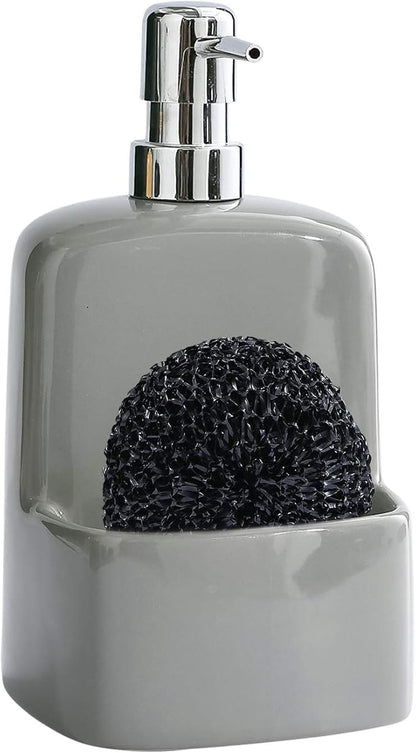 Dish Soap Dispenser - Kitchen Soap Dispenser with Sponge Holder Matte Ceramic Soap Daddy Dispenser 20oz for Kitchen (Grey)
