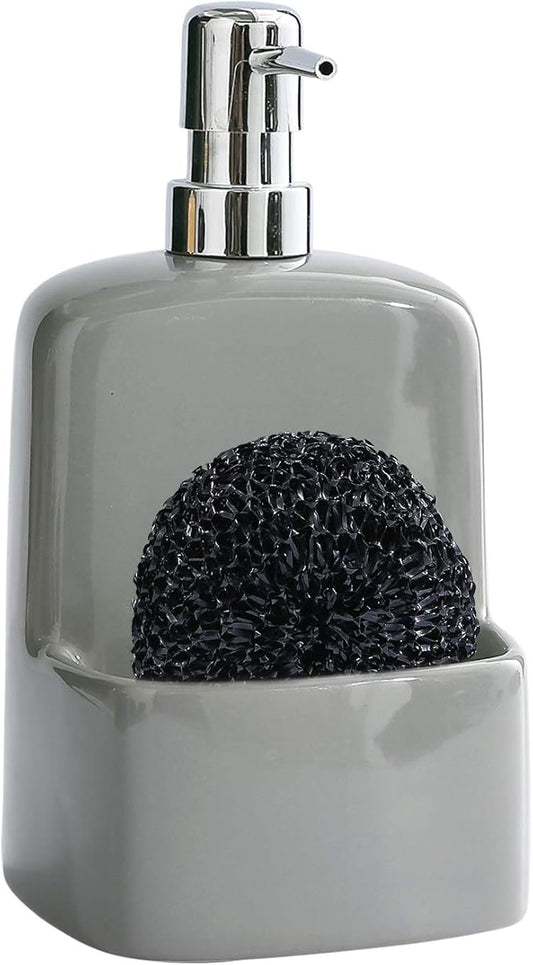 Dish Soap Dispenser - Kitchen Soap Dispenser with Sponge Holder Matte Ceramic Soap Daddy Dispenser 20oz for Kitchen (Grey)
