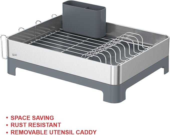 Glad Stainless Steel Dish Drying Rack - Large Space Saving Dish Drainer with Removable Cutlery Holder - Rust-Resistant Metal Rack with Adjustable Drain Spout for Kitchen Countertops, (12.6”W x 17.7”L)