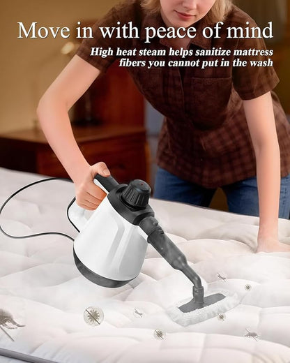 1200W Handheld Steam Cleaner for Home, Powerful Natural Multi‑Surface Steam Cleaner with 13 Accessories, 13.5oz Pressurized Steamer for Deep Cleaning Tile, Grout, Shower, Bathroom, Kitchen, Car, White