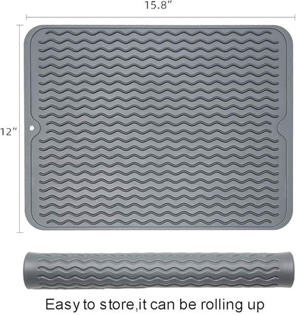 ZLR 2 Pcs Silicone Dish Drying Mat & Heat Resistant Trivet (12" x 16") - Waterproof Counter Protector for Coffee Maker - Non-Slip, BPA Free Kitchen Pad, Easy Clean Dishwasher Safe (Dark Gray)