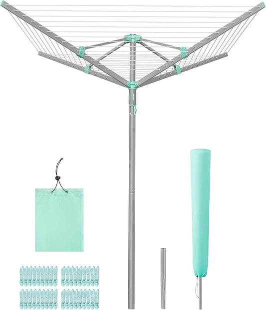 SONGMICS Umbrella Clothesline, Rotary Washing Line, Foldable Heavy-Duty Outdoor Clothes Drying Rack with Clips, Cover, Ground Anchor, 164 ft (50 m) Long for 5 Loads of Laundry, Silver ULLR307EZ01