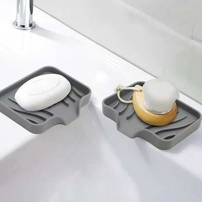 Soap Dish with Drainage, Gray Silicone Soap Holder for Bathroom Sink, 2 Pack