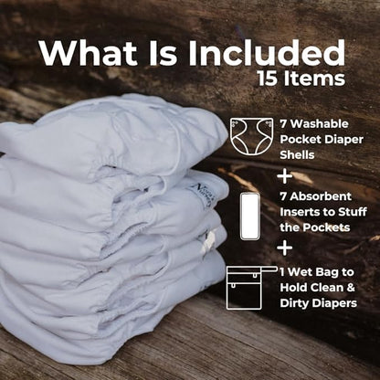 Nora's Nursery Cloth Diapers 7 Pack with 7 Inserts & 1 Wet Bag - Waterproof Cover, Washable, Reusable & One Size Adjustable Pocket Diapers for Newborns and Toddlers - Winter White