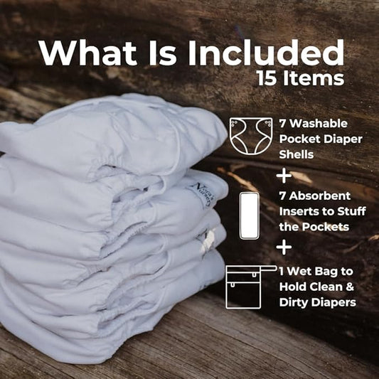 Nora's Nursery Cloth Diapers 7 Pack with 7 Inserts & 1 Wet Bag - Waterproof Cover, Washable, Reusable & One Size Adjustable Pocket Diapers for Newborns and Toddlers - Winter White