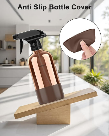 Bontip Amber Glass Spray Bottle with Silicone Sleeve Protection, 16 oz Refillable Spray Bottle for Cleaning Solutions, Plants, Aromatherapy, Facial Hydration (Brown Sleeve(Amber Bottle)