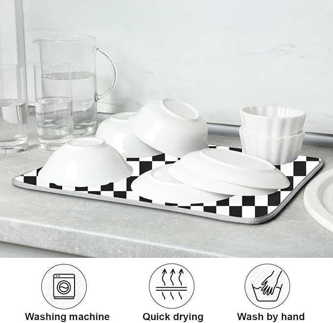 Black White Checkered Pattern Dish Drying Mat for Kitchen Counter Absorbent Microfiber Drying Pad, Large 18x24 in, Reversible Drainer Mats