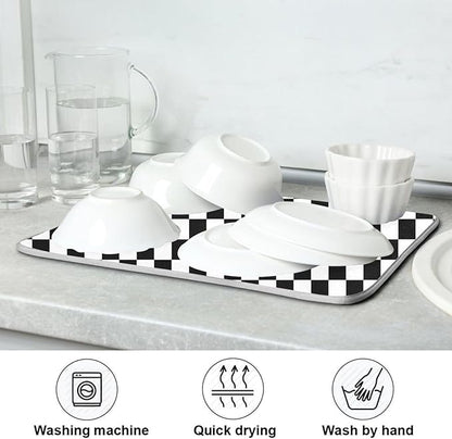 Black White Checkered Pattern Dish Drying Mat for Kitchen Counter Absorbent Microfiber Drying Pad, Medium 16x18 in, Reversible Drainer Mats