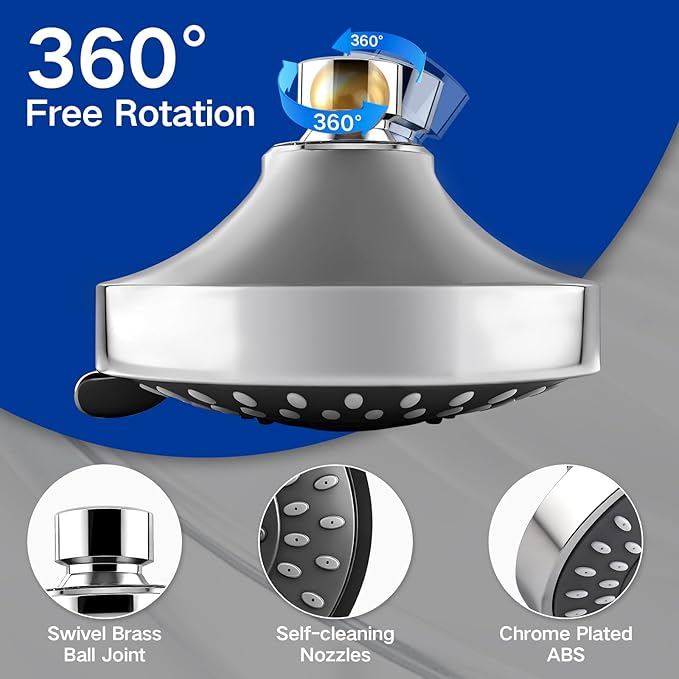 High Pressure Shower Head - Adjustable Bathroom Fixed Rain Showerhead with Swivel Brass Ball Joint, Self-cleaning Nozzles (5-Mode, 4 Inch Chrome)