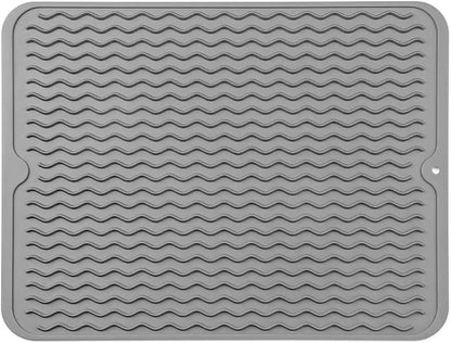 Silicone Dish Drying Mat for Multiple Usage,Easy clean,Eco-friendly,Heat-resistant Silicone Mat for Kitchen Counter or Sink,Refrigerator or Drawer liner Grey L 16 inches x 12 inches