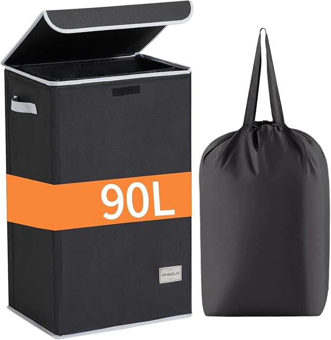 Laundry Hamper with Lid, 90L Collapsible Clothes Basket, Strong Struture, Dirty clothes Hamper, Removable Laundry Bag with String Closure, for Bedroom, Bathroom, Dorm, College, Toys, Black
