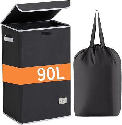 Laundry Hamper with Lid, 90L Collapsible Clothes Basket, Strong Struture, Dirty clothes Hamper, Removable Laundry Bag with String Closure, for Bedroom, Bathroom, Dorm, College, Toys, Black