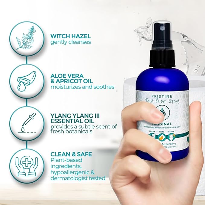 PRISTINE Toilet Paper Spray - As Seen on Shark Tank, More Natural Personal Cleansing Wipes & Flushable Wet Wipes Alternative, Spray Toilet Paper to Create Flushable Wipe, Original, 32 fl oz Refill