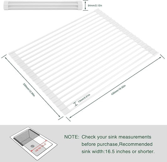 Hanzenma Roll Up Dish Drying Rack - Over The Sink, Multipurpose Foldable Sink Drying Mat, Heat-Resistant, Anti-Slip & Anti-Rust, 17" x 13", White