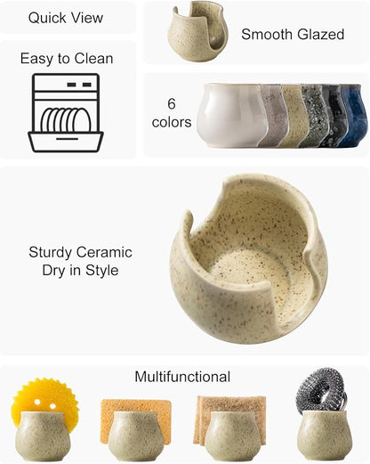 Zoeeker Ceramic Dish Sponge Holder, Sponge Caddy for Kitchen Sink Brush Organizer Scrub Dish Rack for Scrubbers, Bathroom, Sink, Yellow
