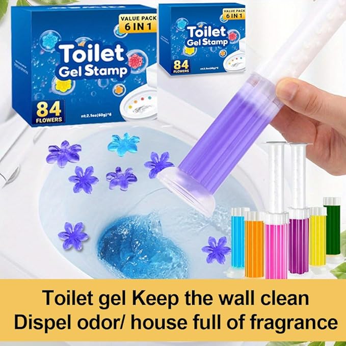 6 in 1 Toilet Gel Stamp, 168 Stamps (2 Boxes x 84 Flowers) - Automatic Toilet Cleaner & Freshener, No Scrub, 6 Scents, Long-Lasting, Easy Push Gel for Bathroom