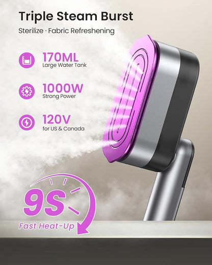 LOXP 2-in-1 Handheld Steamer and Iron for Clothes, 1000W Travel Steamer with Ceramic Soleplate, 9s Fast Heat-Up, Leak-Proof 170mL Tank, Self-Clean, Portable Wrinkle Remover for Home & Travel, 120V
