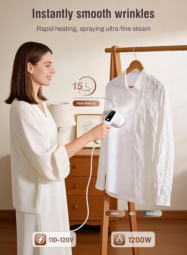 Travel Steamer for Clothes,2-in-1Handheld Garment Steamer&Iron,1200W Portable Steam, 15s Fast Heat-Up, LED Display,5 Adjustable Steam Modes,25g/min Powerful Steam,Self-Cleaning, All Fabrics,120V