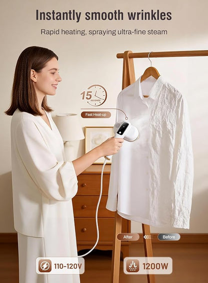 Travel Steamer for Clothes,2-in-1Handheld Garment Steamer&Iron,1200W Portable Steam, 15s Fast Heat-Up, LED Display,5 Adjustable Steam Modes,25g/min Powerful Steam,Self-Cleaning, All Fabrics,120V