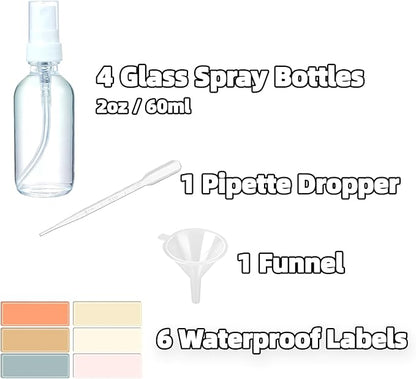 4 Pack 2oz Clear Glass Spray Bottles, Fine Mist Refillable Atomizer for Essential Oils, Perfume, Hair, Face & Travel | Leak-Proof Mini Empty Spritzer Bottles with Labels, Funnel & Pipette (60ml)
