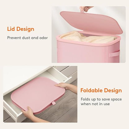 Lifewit 75L Slim Laundry Basket with Lid, Narrow Large Laundry Hamper with Plastic Handles and Removable Bag, Tall Foldable Dirty Clothes Hampers for Laundry Room, Bedroom, Bathroom, Dorm, Pink