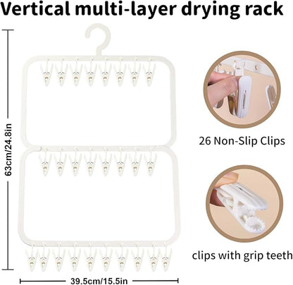 26-Clip Multi-Layer Clothes Drying Rack, BPA-Free ABS Laundry Hanger for Baby Clothes, Socks & Underwear, Heavy Duty Non-Foldable Hanger for Apartment, Nursery & Small Spaces (Off-White)