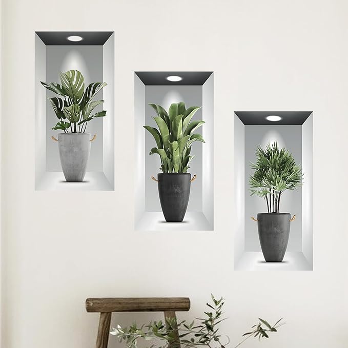Tanlaby 3 Pack Green Plants Wall Stickers 3D Realistic Potted Plant Wall Decals Self-Adhesive Mural Removable Natural Art Sticker for Office Living Room Bedroom Art Room Sofa Backdrop Decor