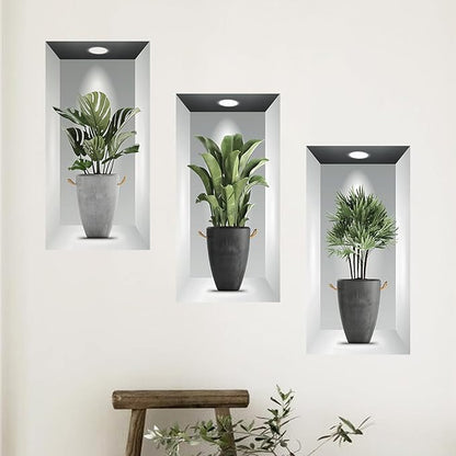 Tanlaby 3 Pack Green Plants Wall Stickers 3D Realistic Potted Plant Wall Decals Self-Adhesive Mural Removable Natural Art Sticker for Office Living Room Bedroom Art Room Sofa Backdrop Decor