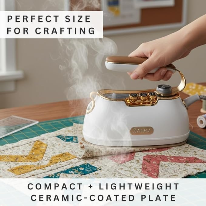 SALAV® Retro Edition Duopress Handheld Garment Steamer and Iron, Ceramic Plate, 1000 watts of Steam, Removes Wrinkles on Clothes, Vintage Style No Drip Steam, Pearl
