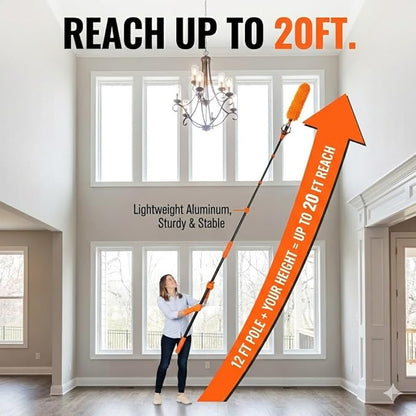 Light Bulb Changer for High Ceilings Up to 20FT, 10PCS Extension Pole Kit with 360° Swivel Head Bulb Grabber, Ceiling Fan Duster & Window Cleaner – No Ladder Needed
