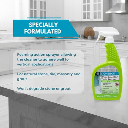 StoneTech Mold and Mildew Stain Remover Cleaning Kit | Kitchen, Patio, Shower, and Bathroom Cleaner for Natural Stone, Tile, and Grout, 2-Pack 24-Ounce Spray with Microfibers and Crevice Brushes