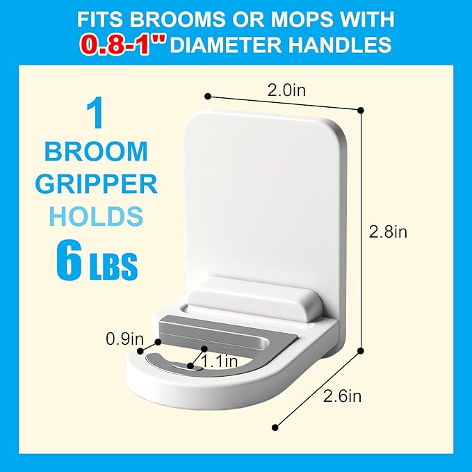 3pack Mop and Broom Holder Wall Mount Self Adhesive - No Drill Mop and Broom Handle Gripper, Household Cleaning Organizer for Organization and Storage, Holds up to 6 lb