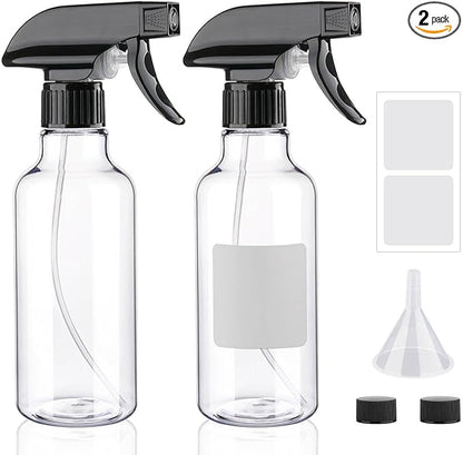 Plastic Spray Bottles 12oz 2 Pack Adjustable Mist/Stream Spraying Heavy Duty Square Water Spray Bottles for Hair, Cleaning Solutions, Plants, Cooking，BBQ，Essential Oils (BlackClear)
