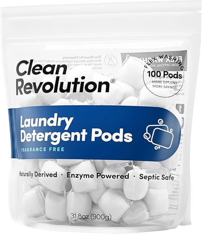 Clean Revolution, All Natural, Enzyme Powered Laundry Detergent Pods, Fragrance Free, 100 Pods, Sensitive Skin, HypoAllergenic Laundry Soap, Septic Safe, Made in the USA
