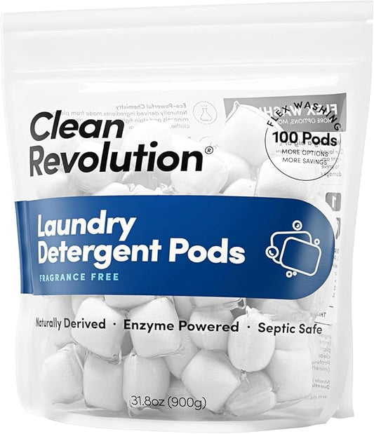Clean Revolution, All Natural, Enzyme Powered Laundry Detergent Pods, Fragrance Free, 100 Pods, Sensitive Skin, HypoAllergenic Laundry Soap, Septic Safe, Made in the USA