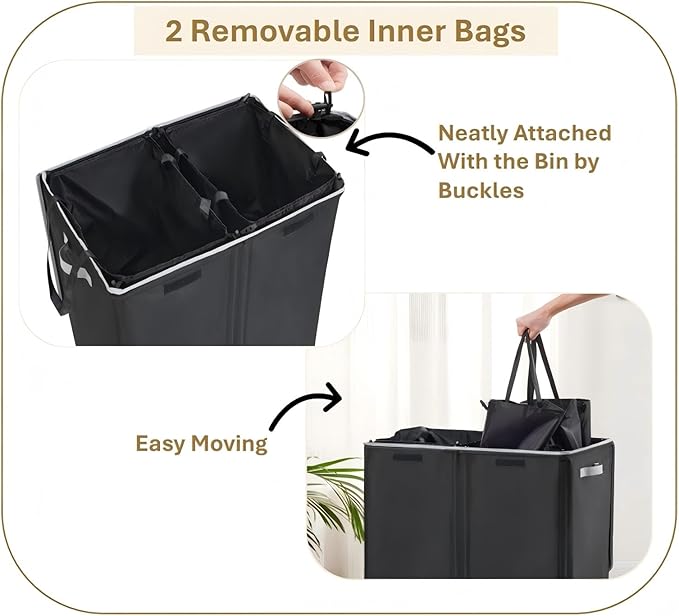 Dual Laundry Hamper with Lid and 2 Removable Liners, 145L Laundry Basket, 2 Sections for Easy Sorting, Collapsible Design, Dirty Clothes Hampers, Bedroom, Dorm, College, Black