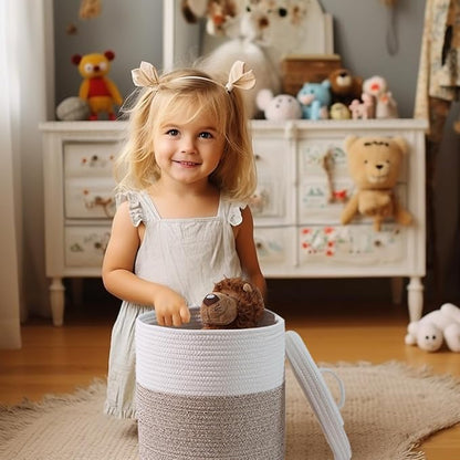 Yimi's Dream Lidded Storage Basket, Medium Cotton Rope Basket with Lid, Small Round Storage Basket for Nursery, Living Room, Kids, Blanket, Toys (12''D * 13.5''H, Brown & White)