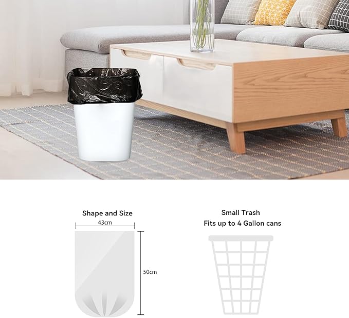 WAIKAS 4 Gallon Trash Bag, Pack of 100, Multipurpose Small Garbage Bags for Home, Office, Yard - 43x50cm,3.37g/pcs, Unscented, Black