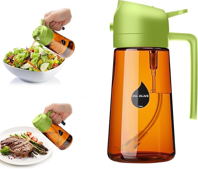 2 in 1 Oil Sprayer for Cooking, Olive Oil Dispenser Bottle for Kitchen Spray and Pour, 16oz/470ml Light-Blocking Dark Amber Glass Brown Bottle, Food-Grade Oil Mister for Air Fryer Green Cap